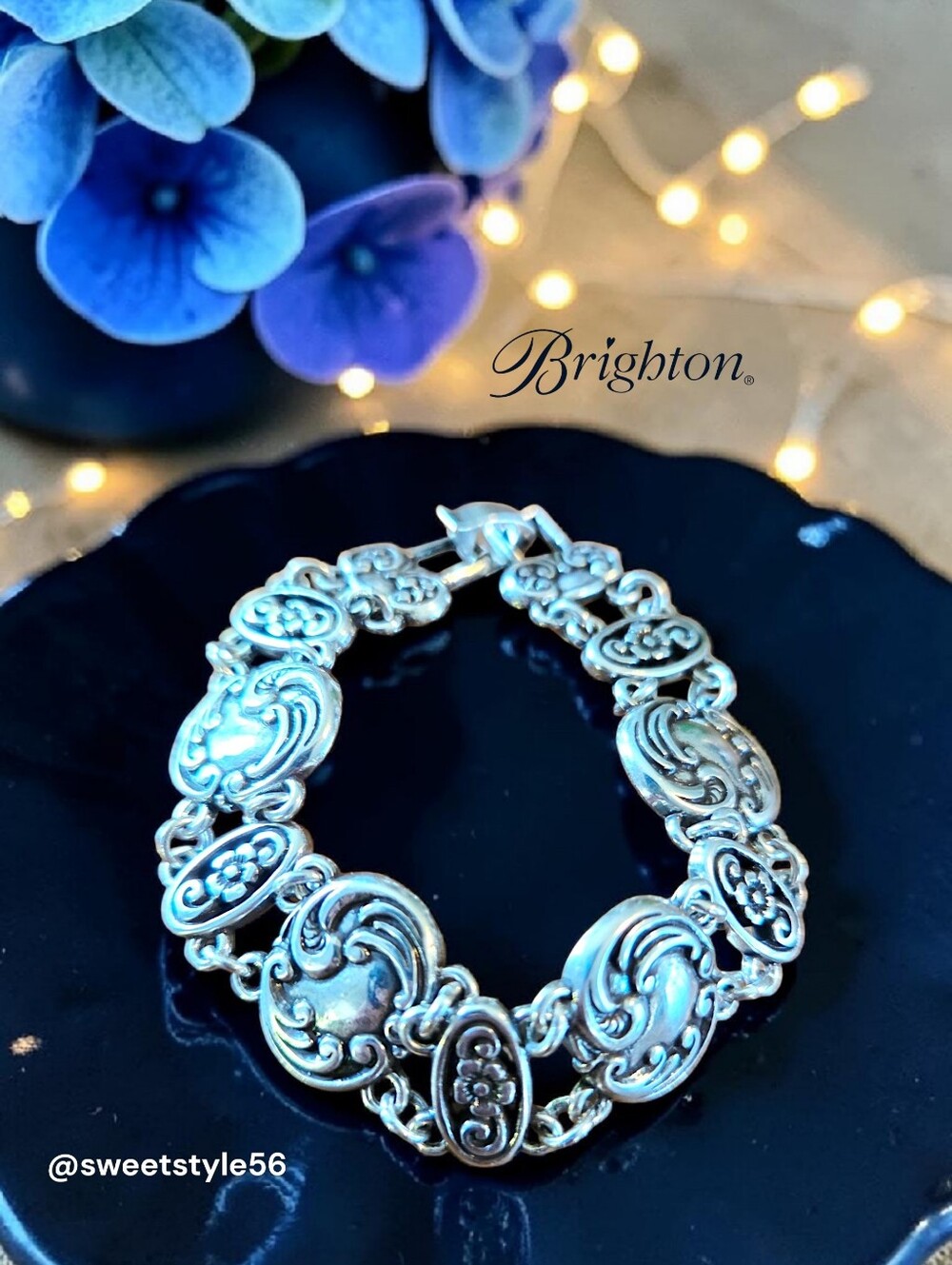 BRIGHTON Vintage Silver Floral And Scroll Link Bracelet GARDEN GIRL!